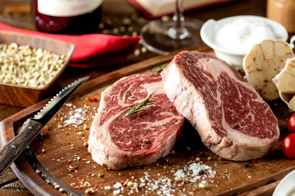 Rohes Fleisch garniert mit Salz und Kräutern rohes Fleisch garniert mit Salz und Gewürzen